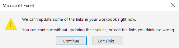 We can't update some of the links in your workbook right now // Notification // Find external references in your Excel file // PerfectXL Academy