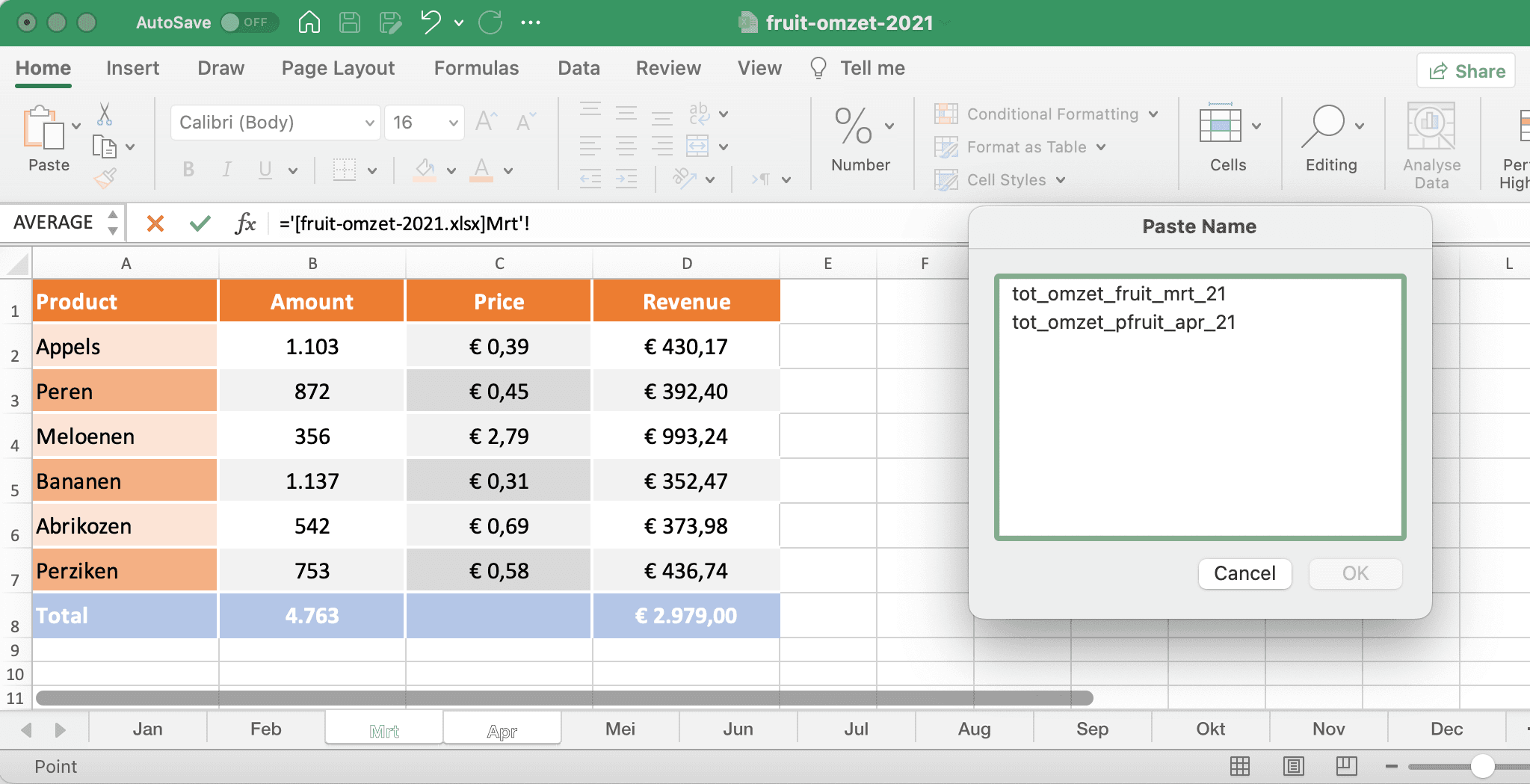 Selecteer de gedefinieerde naam om een externe link in het bestemmingsbestand te maken // PerfectXL Academy