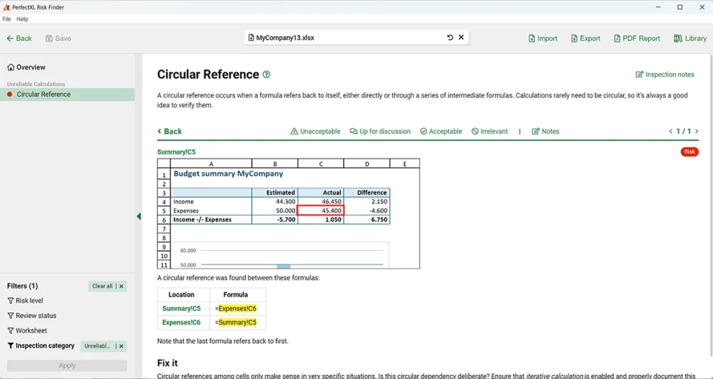 Inspect the details of a circular reference in PerfectXL Risk Finder Inspect the details of a circular reference in PerfectXL Risk Finder