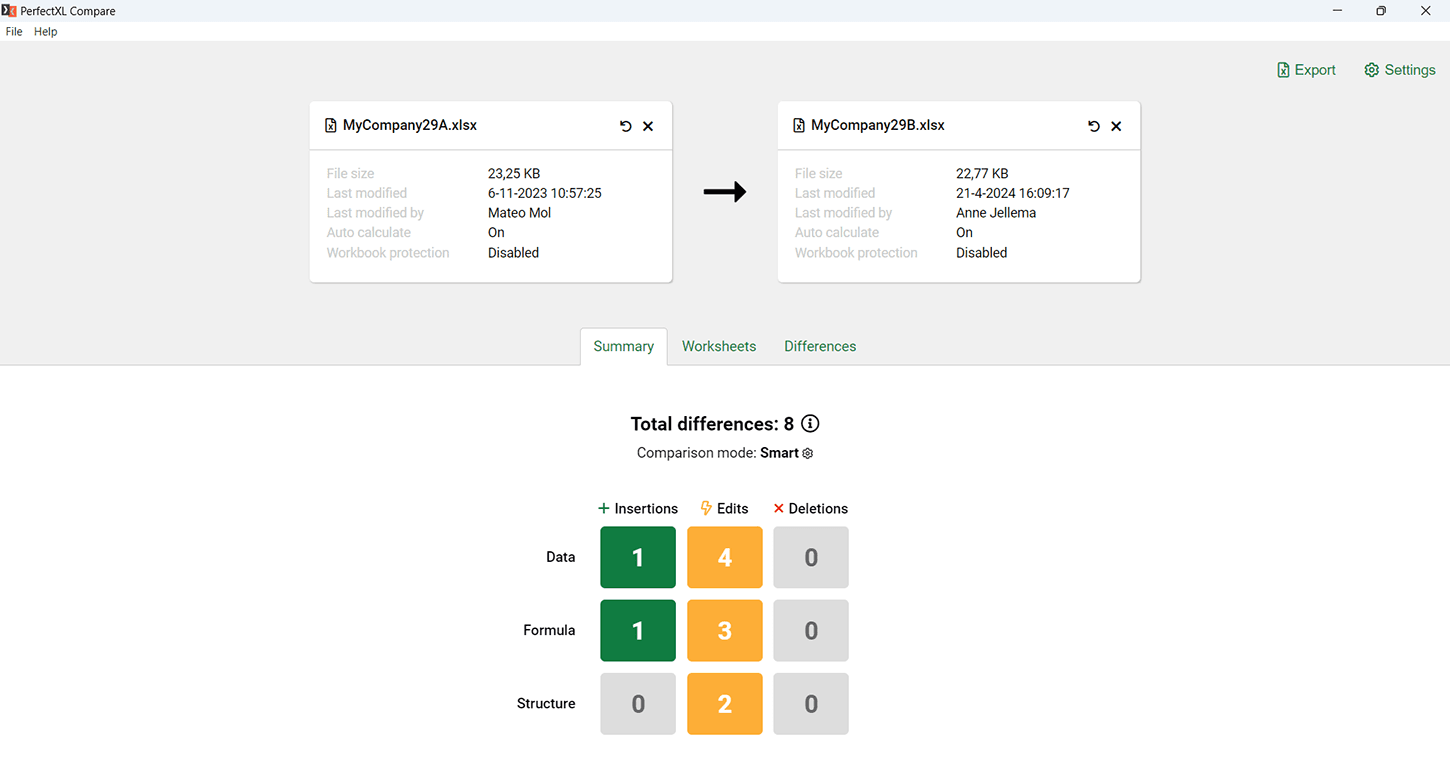 Check the summary of changes between two files // PerfectXL