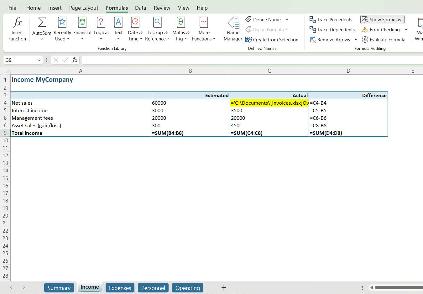 External link found on Income tab with 'Show Formulas' option // PerfectXL