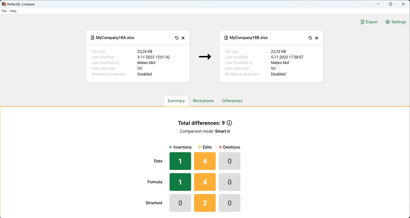 Summary of differences between two versions of a file // PerfectXL