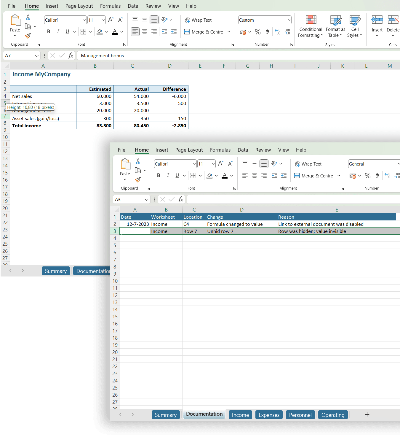 Unhide hidden row and document the adjustment // PerfectXL