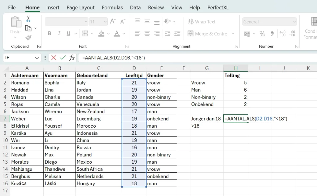 Tel het aantal respondenten dat jonger is dan 18 met de COUNTIF functie