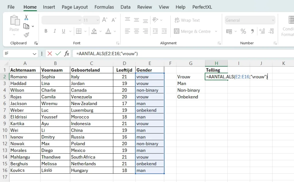 Voorbeeld van de Nederlandse versie van de COUNTIF functie in Excel: AANTAL.ALS