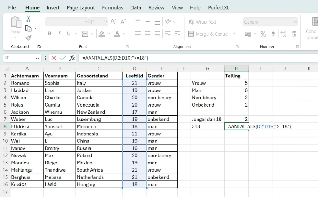 Tel alle respondenten van 18 jaar of ouder met de COUNTIF functie in Excel