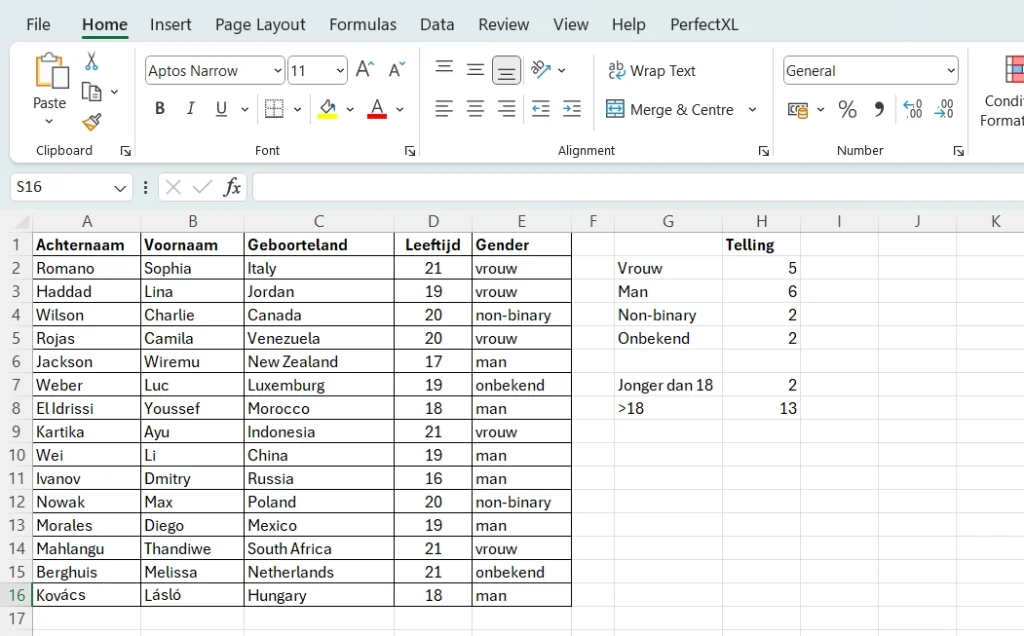 Resultaten van de AANTAL.ALS functie (COUNTIF Nederlands) in Excel 